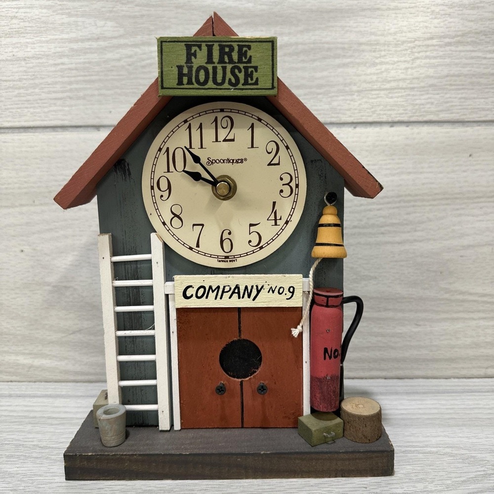 SPOONTIQUES Wood Wall Or Desktop Clock Fire House 7x10" Works Vintage